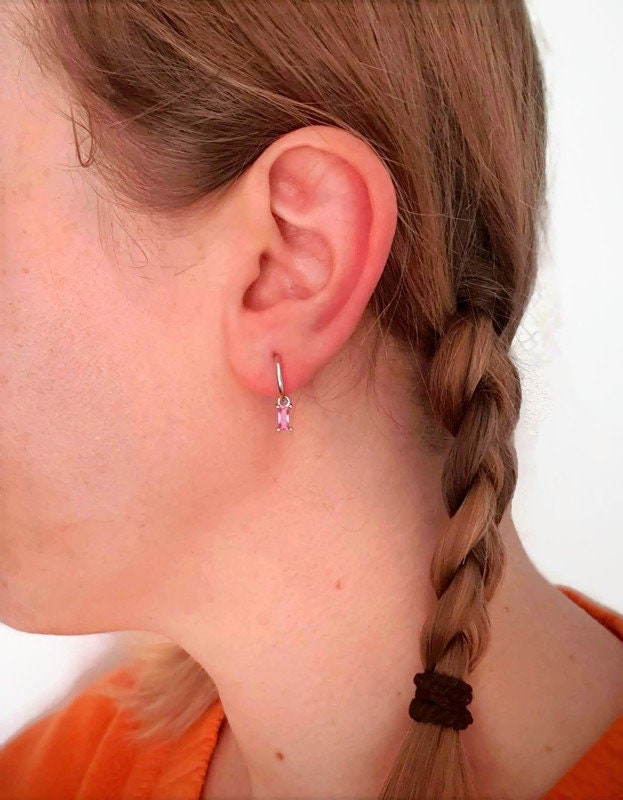 Sterling Silver Hoop Earrings – Pink Cubic Zirconia Delicate Ear Cuffs