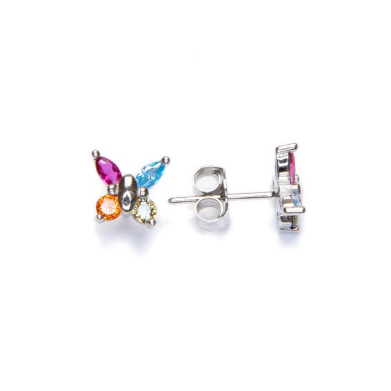 Butterfly Stud Earrings – Sterling Silver Studs with Colorful Cubic Zirconia Gems