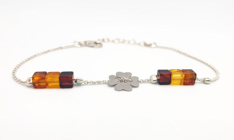 Baltic Amber Bracelet – Sterling Silver Adjustable Four Leaf Clover Jewelry