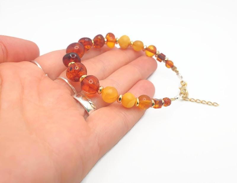 Baltic Amber Bracelet – Cognac Amber Beads, Gold Hematite Spacer & Sterling Silver Jewelry