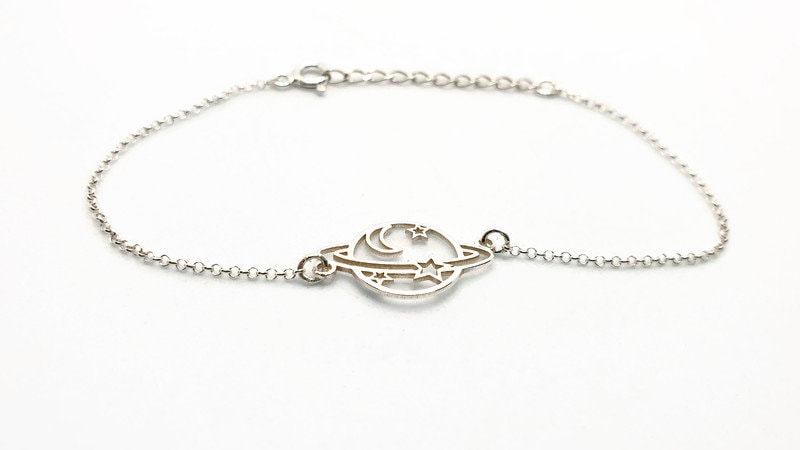 Saturn Planet Sterling Silver Bracelet, Link Chain Bracelet, Celestial Universe Sky Jewelry