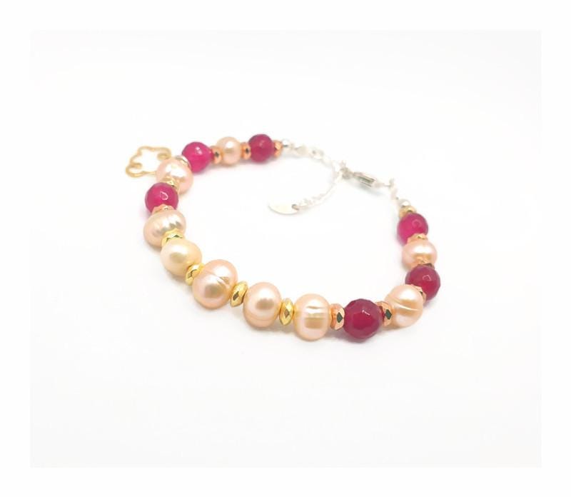 Pearl Chain Bracelet – Natural Gemstone Jewelry with Ruby Pink Agate & Sterling Silver