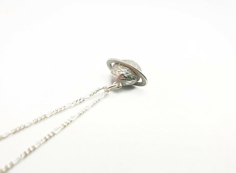 Sterling Silver Saturn Planet Pendant Necklace with long Chain,Celestial Jewelry