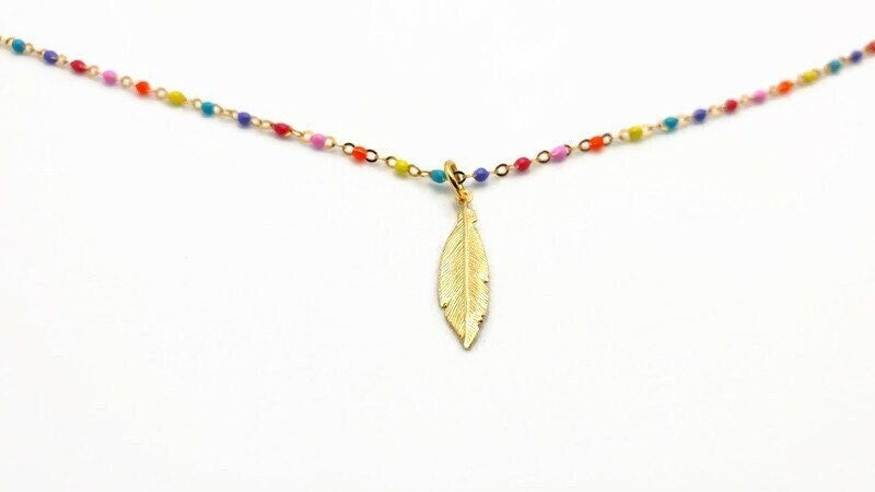 Gold Feather Necklace – Boho Multicolor Enamel Chain | 18K Gold Plated Silver Pendant