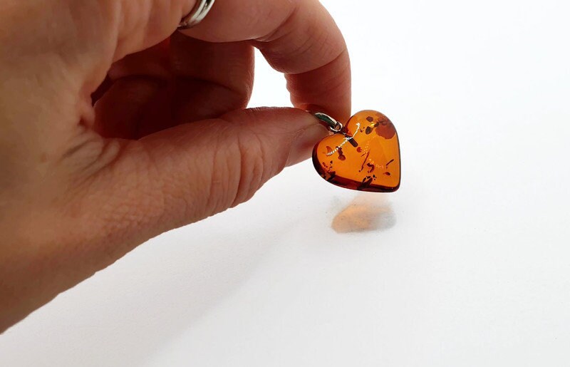 Baltic Amber Pendant - Handmade Cognac Amber Heart Shaped Jewelry with Sterling Silver