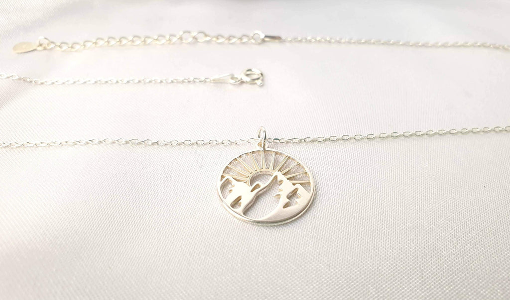 Mountain Sunburst Necklace - Sterling Silver Pendant with Adjustable Chain for Travel Jewelry