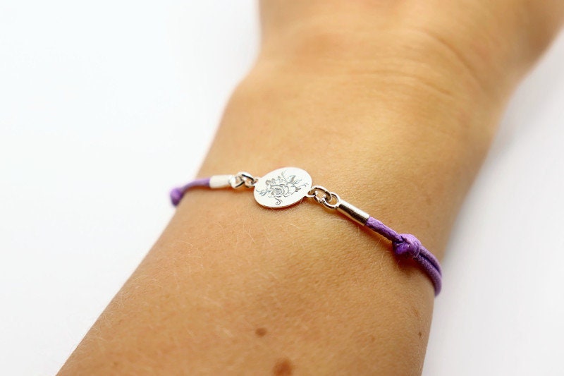 Sterling Silver Rose Bracelet – Adjustable Lavender Cord With Engraved Flower Charm