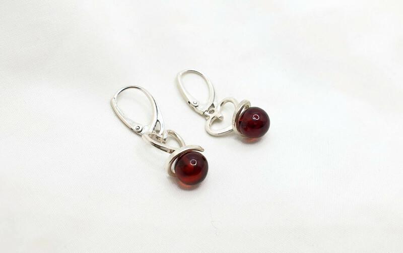 Baltic Amber Earrings – Sterling Silver Amber Heart Dangle with Cognac Drops