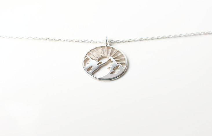 Mountain Sunburst Necklace - Sterling Silver Pendant with Adjustable Chain for Travel Jewelry