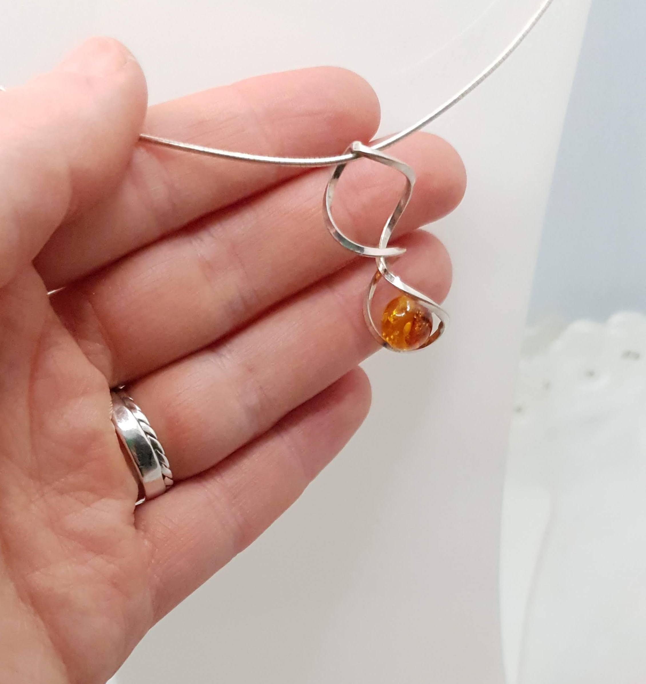 Baltic Amber Necklace - Honey Amber Pendant with Sterling Silver Spiral Chain