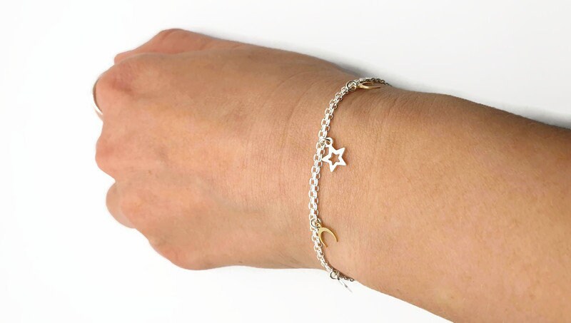 Sterling Silver Star and Moon Charm Bracelet: Celestial Jewelry