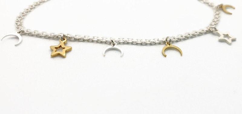 Sterling Silver Star and Moon Charm Bracelet: Celestial Jewelry