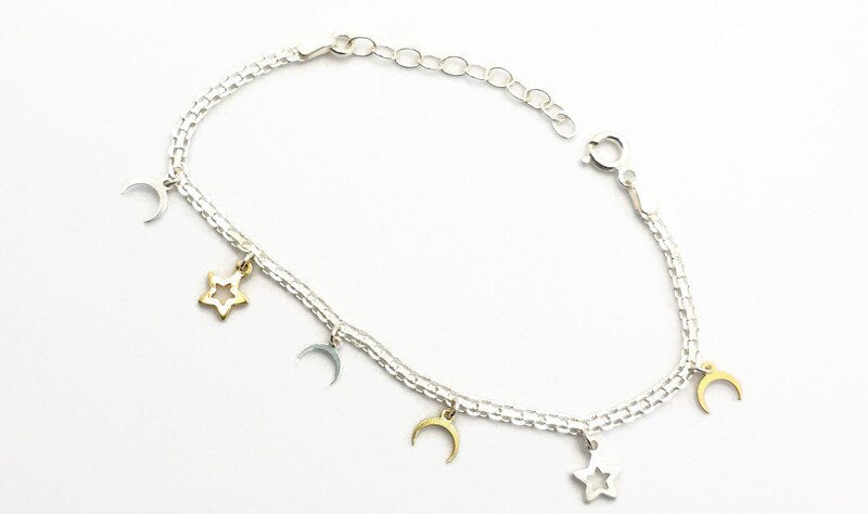 Sterling Silver Star and Moon Charm Bracelet: Celestial Jewelry