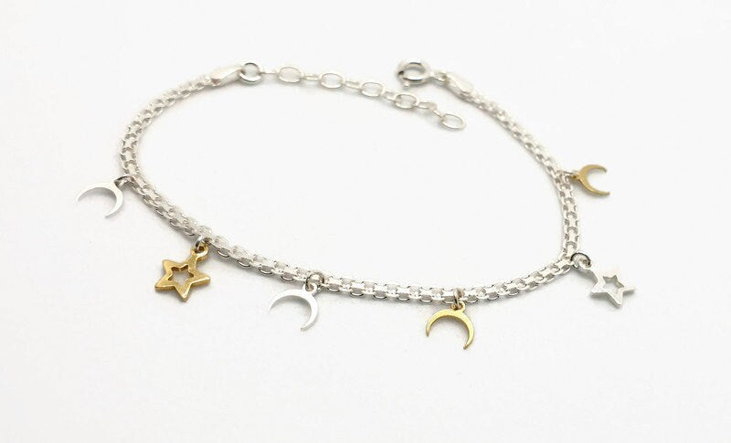 Sterling Silver Star and Moon Charm Bracelet: Celestial Jewelry