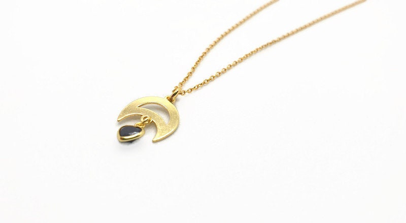 Gold Inverted Moon Pendant Necklace: Black Heart Charm, Celestial Jewelry