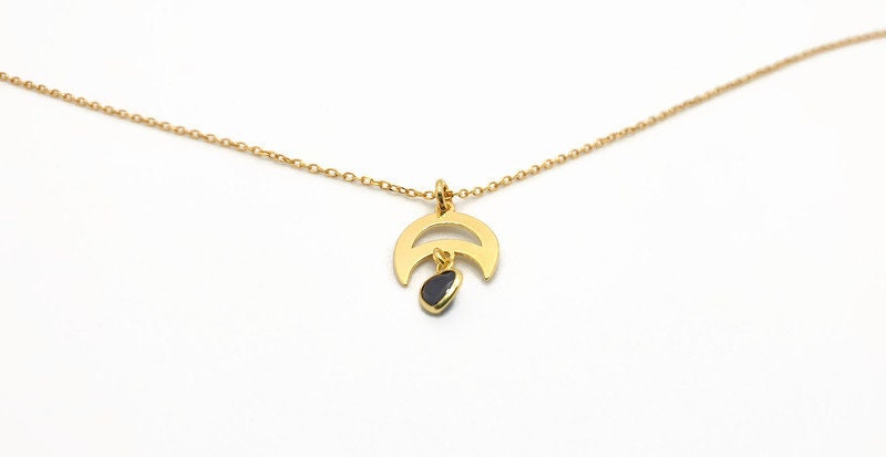 Gold Inverted Moon Pendant Necklace: Black Heart Charm, Celestial Jewelry