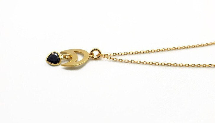 Gold Inverted Moon Pendant Necklace: Black Heart Charm, Celestial Jewelry