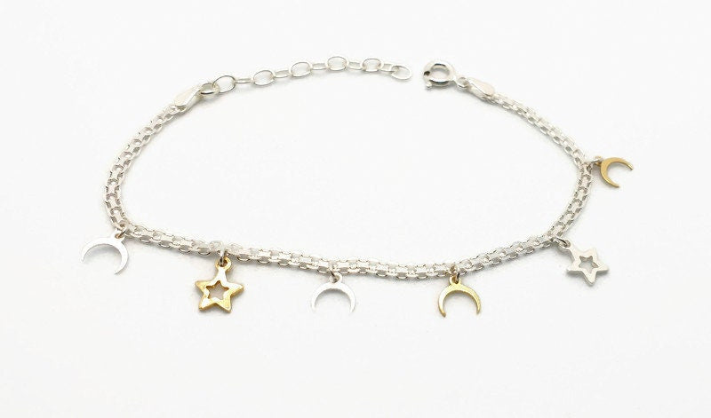 Sterling Silver Star and Moon Charm Bracelet: Celestial Jewelry