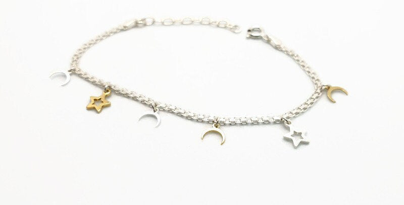 Sterling Silver Star and Moon Charm Bracelet: Celestial Jewelry