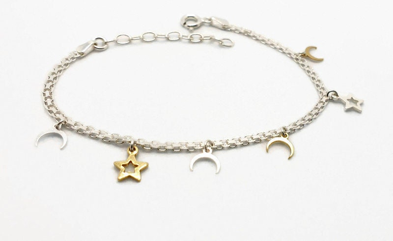 Sterling Silver Star and Moon Charm Bracelet: Celestial Jewelry