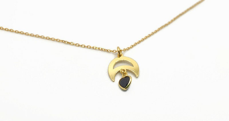 Gold Inverted Moon Pendant Necklace: Black Heart Charm, Celestial Jewelry