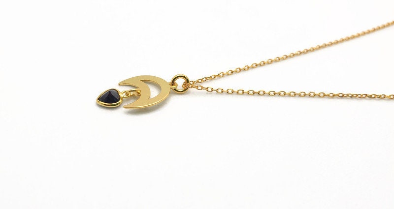 Gold Inverted Moon Pendant Necklace: Black Heart Charm, Celestial Jewelry