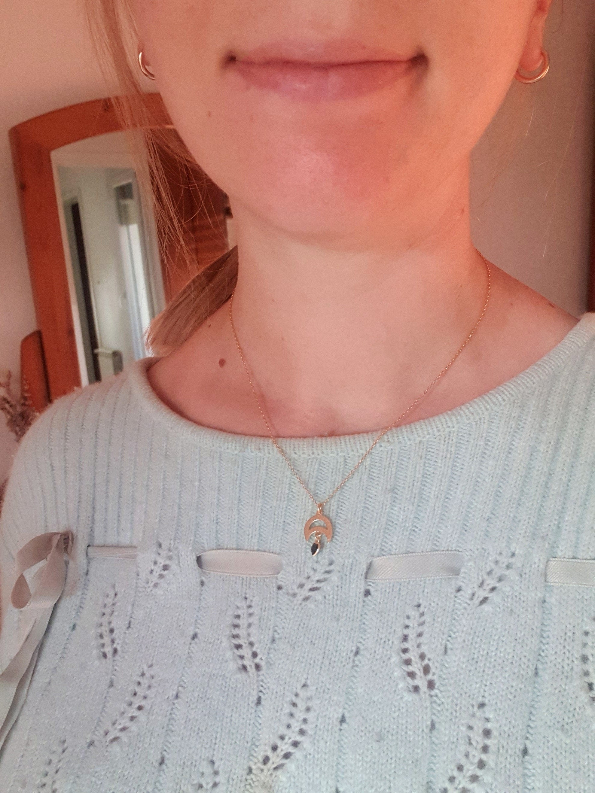 Gold Inverted Moon Pendant Necklace: Black Heart Charm, Celestial Jewelry