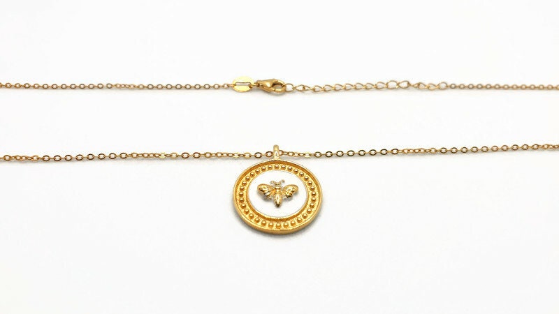 Gold Plated Silver Bee Necklace: White Enamel Circle Pendant