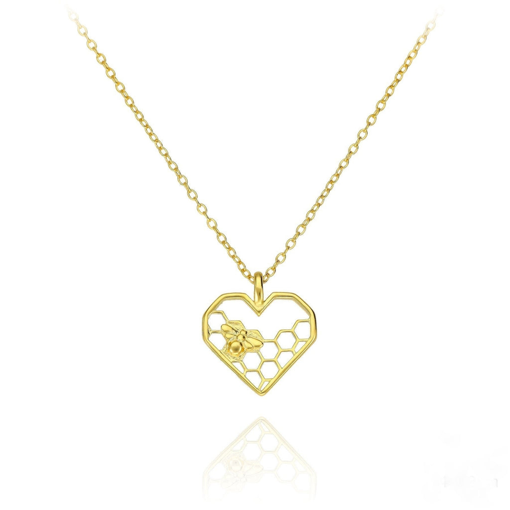 Gold Honeycomb Heart Bee Necklace: 18K Gold-Plated Silver Pendant