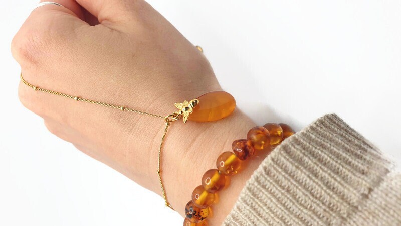 Yolk Butterscotch Honey Amber Pendant Necklace with Bee Charm, Nature Inspired Baltic Amber Jewelry