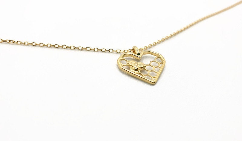 Gold Honeycomb Heart Bee Necklace: 18K Gold-Plated Silver Pendant