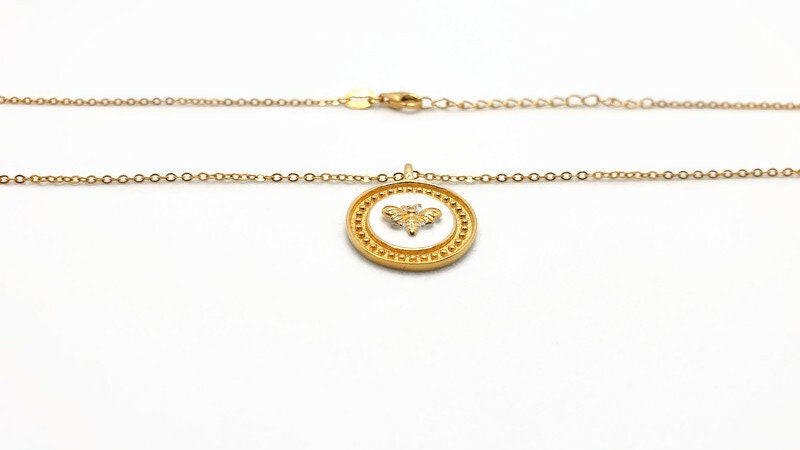 Gold Plated Silver Bee Necklace: White Enamel Circle Pendant