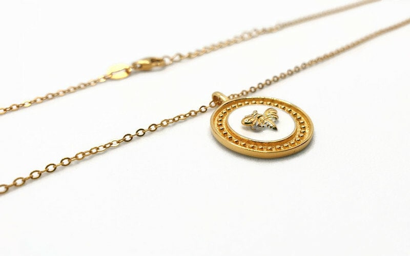 Gold Plated Silver Bee Necklace: White Enamel Circle Pendant