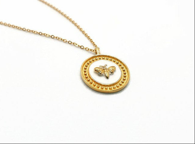 Gold Plated Silver Bee Necklace: White Enamel Circle Pendant