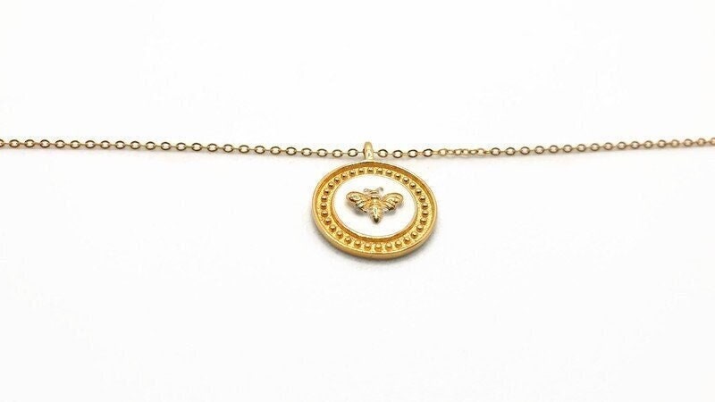 Gold Plated Silver Bee Necklace: White Enamel Circle Pendant