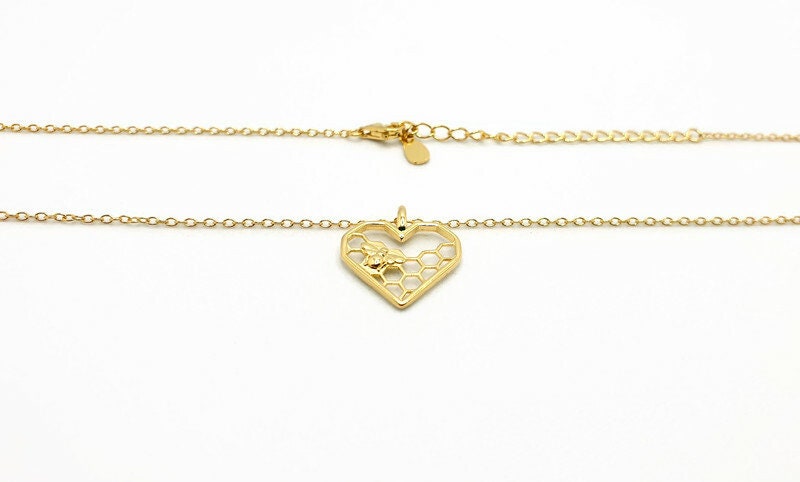 Gold Honeycomb Heart Bee Necklace: 18K Gold-Plated Silver Pendant