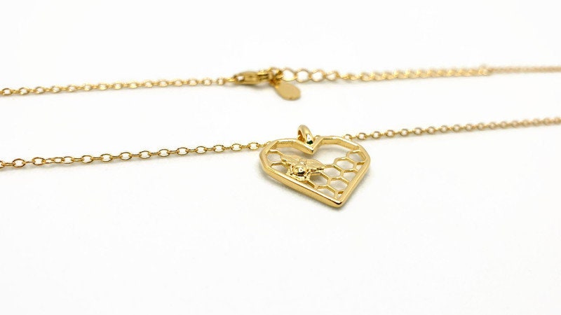 Gold Honeycomb Heart Bee Necklace: 18K Gold-Plated Silver Pendant