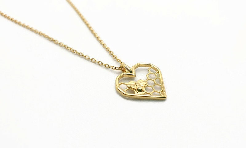 Gold Honeycomb Heart Bee Necklace: 18K Gold-Plated Silver Pendant