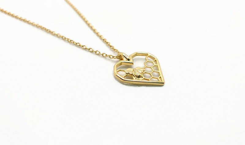 Gold Honeycomb Heart Bee Necklace: 18K Gold-Plated Silver Pendant