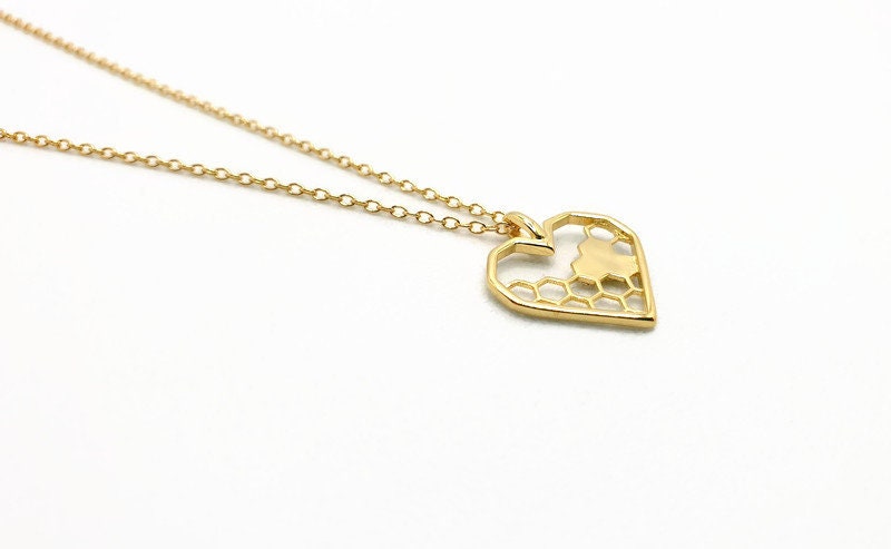 Gold Honeycomb Heart Bee Necklace: 18K Gold-Plated Silver Pendant
