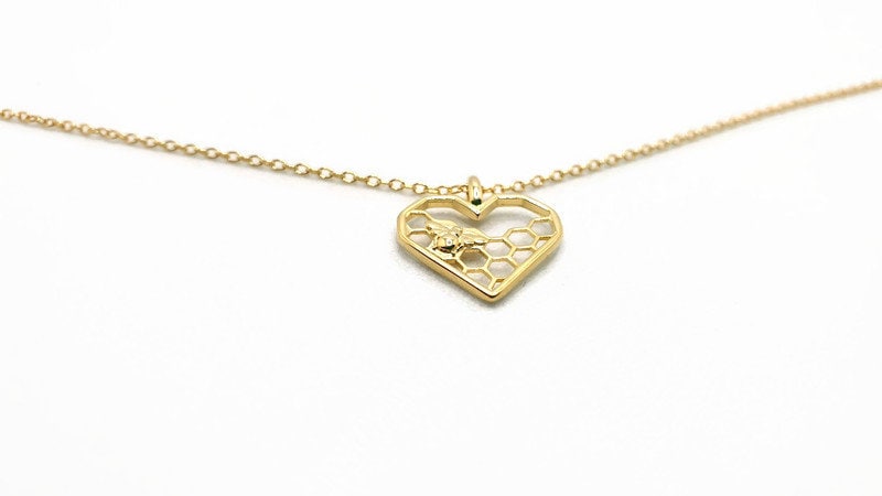 Gold Honeycomb Heart Bee Necklace: 18K Gold-Plated Silver Pendant