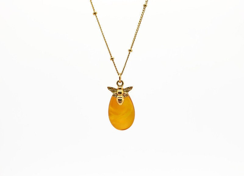 Yolk Butterscotch Honey Amber Pendant Necklace with Bee Charm, Nature Inspired Baltic Amber Jewelry