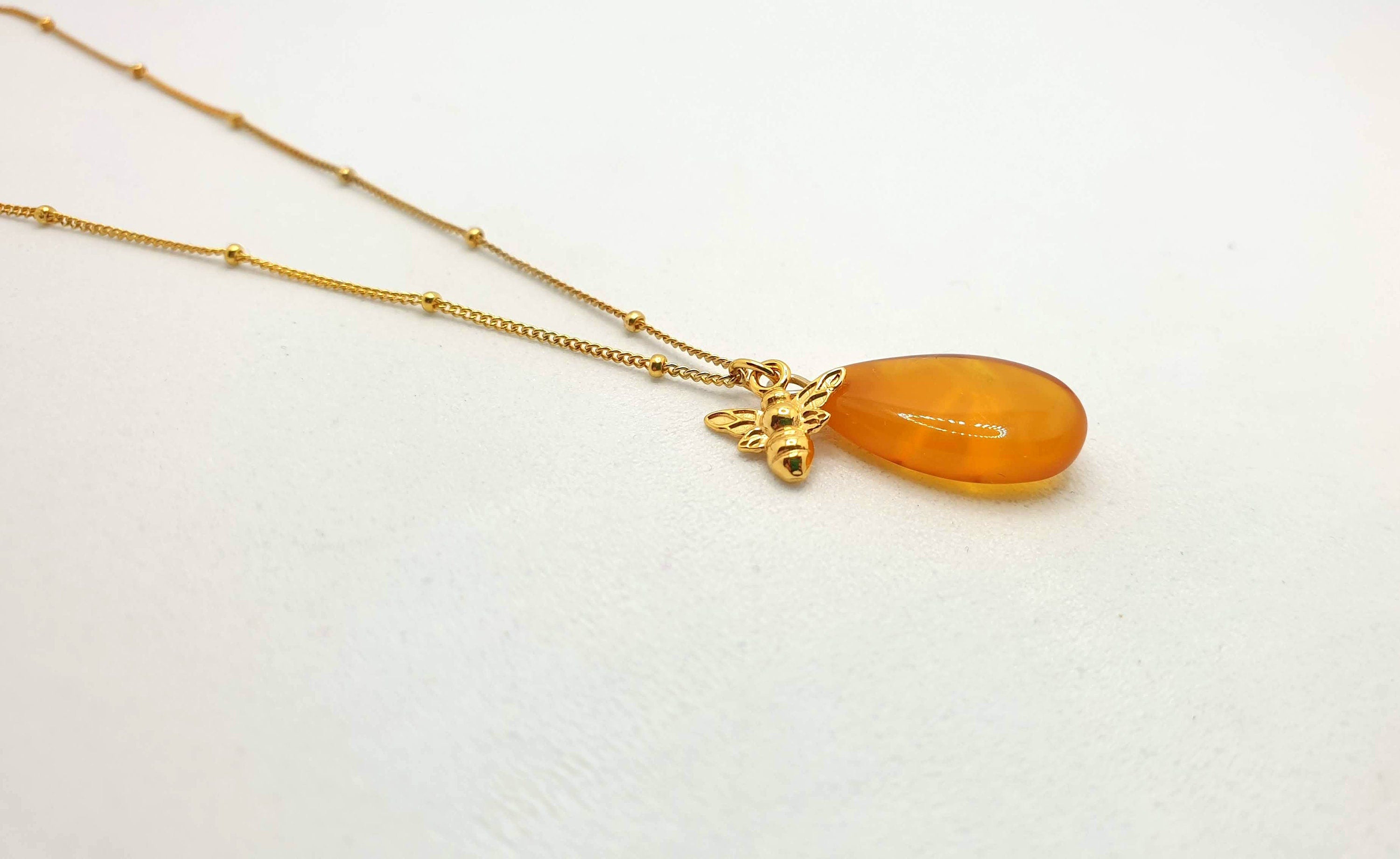 Yolk Butterscotch Honey Amber Pendant Necklace with Bee Charm, Nature Inspired Baltic Amber Jewelry