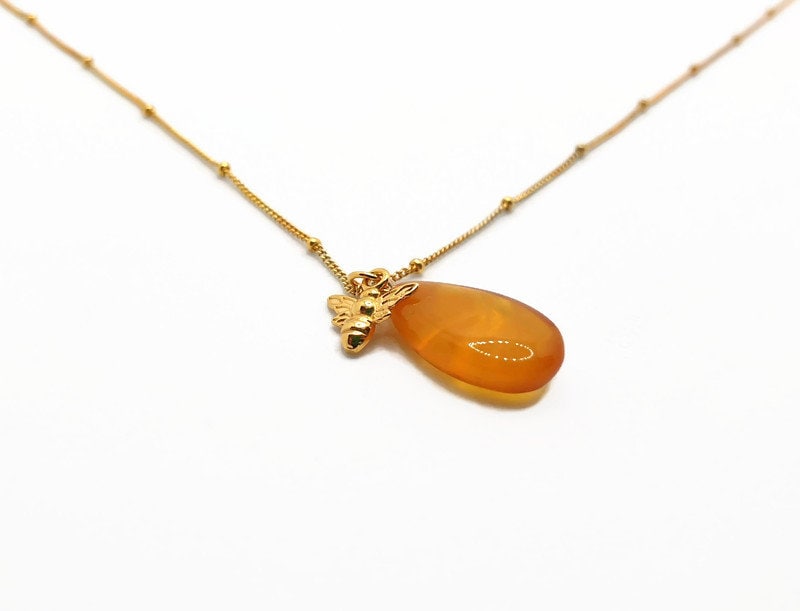 Yolk Butterscotch Honey Amber Pendant Necklace with Bee Charm, Nature Inspired Baltic Amber Jewelry