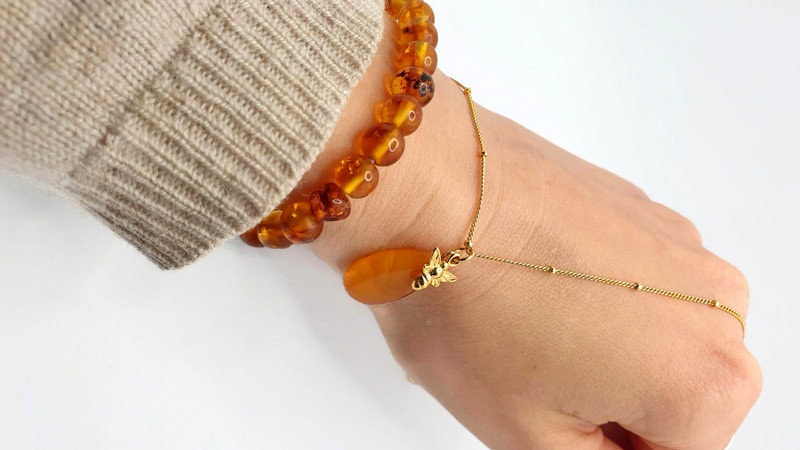 Yolk Butterscotch Honey Amber Pendant Necklace with Bee Charm, Nature Inspired Baltic Amber Jewelry