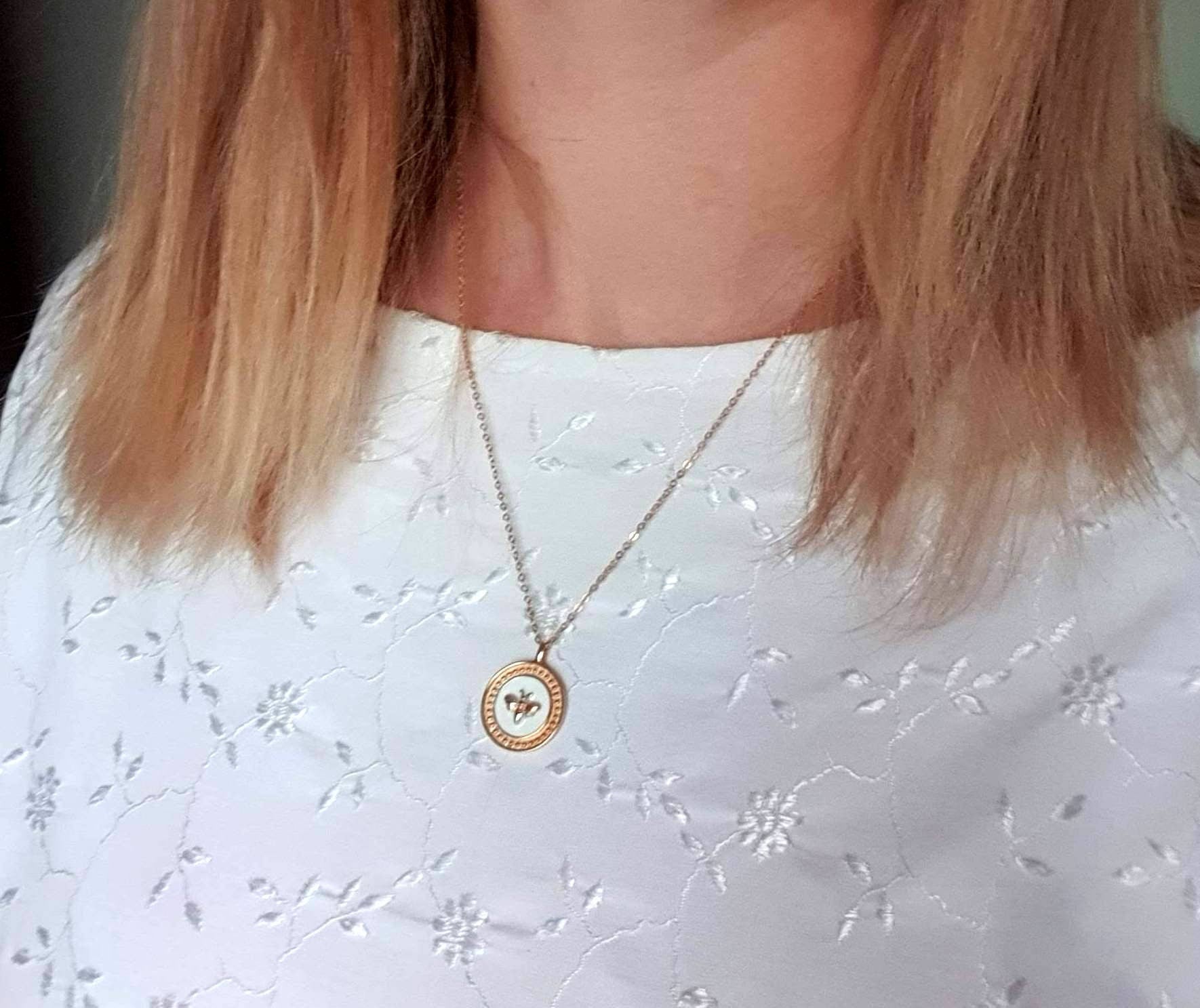 Gold Plated Silver Bee Necklace: White Enamel Circle Pendant