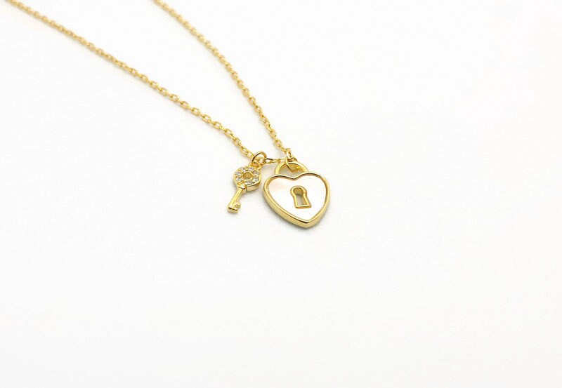 Gold Plated Silver Key and Nacre Heart Lock Necklace: Cubic Zirconia Charm