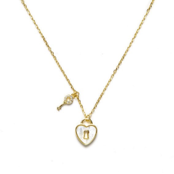 Gold Plated Silver Key and Nacre Heart Lock Necklace: Cubic Zirconia Charm