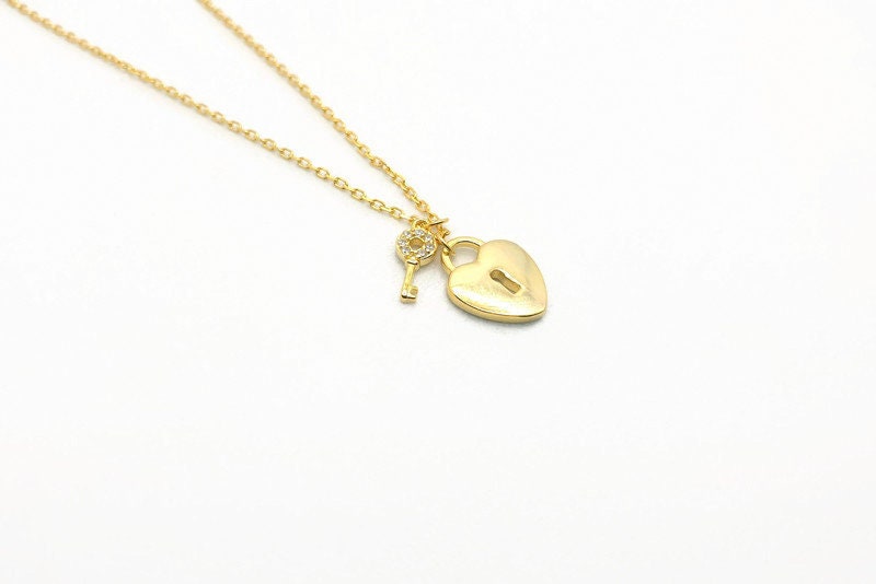 Gold Plated Silver Key and Nacre Heart Lock Necklace: Cubic Zirconia Charm