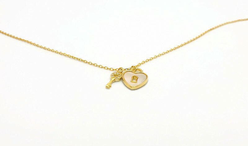 Gold Plated Silver Key and Nacre Heart Lock Necklace: Cubic Zirconia Charm
